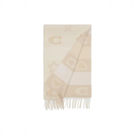 COACH Women's Scarf Tassel Decorated Star Letter Pattern Wool Wool Scarf New Year's Gift for Girlfriend Beige CU810-CHK 182*30.5cm