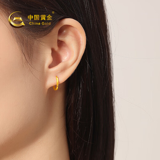 China Gold (CHINA GOLD) square tube gold earrings for women 999 pure gold earrings buckle earrings birthday gift for girlfriend and wife gold weight about 1.1g pure gold plain hoop earrings