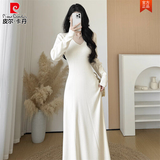 Pierre Cardin French v-neck knitted dress for women, new autumn and winter style, with coat and bottoming sweater skirt, long skirt, black M, recommended weight 95-110