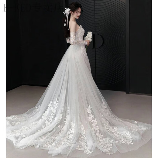 H-KED light wedding dress bridal main yarn high-end French lace tube top fishtail outing yarn temperament tail dress white XL