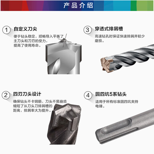 Bosch (BOSCH) round shank four-pit 5 series electric hammer impact drill bit two pits two slots four-edged reinforced concrete wall drilling four-edged round shank 22*400*450