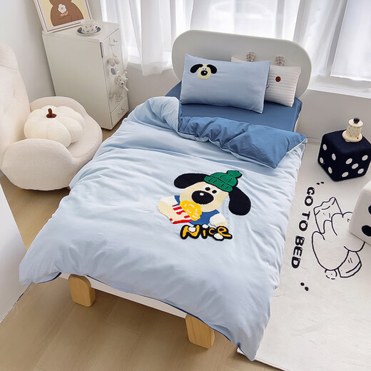 MUJI 100% cotton Class A kindergarten cartoon embroidery three-piece set for babies to enter the kindergarten special quilt cover with core six or seven-piece set Dog companion pure cotton fabric skin-friendly and comfortable children's bed sheet style three-piece set - quilt cover 120*150cm
