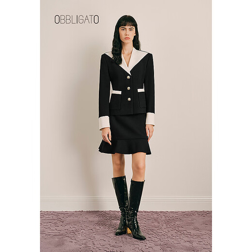 OBBLIGATO Autumn and Winter Shoulder Contrast Color Sheep Wool Suit Jacket Jacket Black M