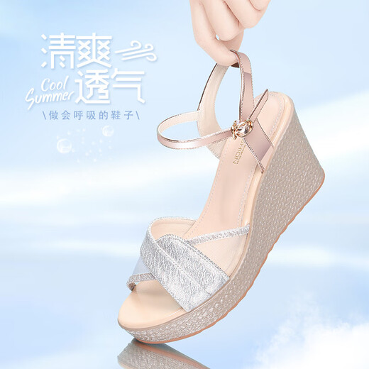 YRC意尔康英伦风中跟厚底凉鞋女2025夏季防水台一字扣坡跟鞋鱼嘴增高 1625黑色 34