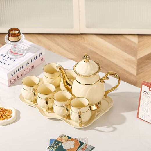 Burnison European high-end water set set light luxury ceramic living room household tea set cup teacup teapot housewarming gift Yellow Swan 1 pot 6 cups 1 lotus leaf plate gift box