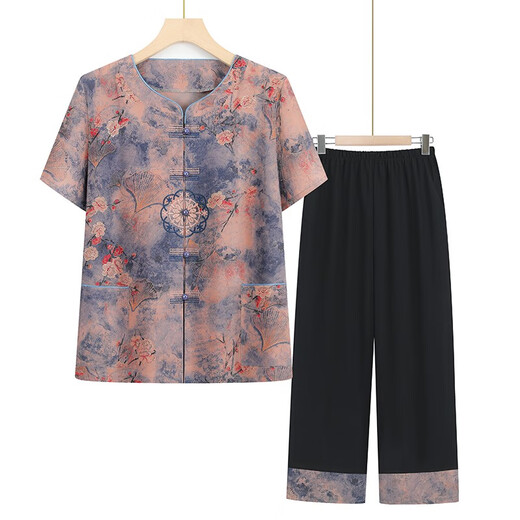 GTYUWVG奶奶装夏季短袖套装中老年人女装衬衫两件套老年人夏装女衣服裤子 6626蓝色两件套 XL 建议85-100斤
