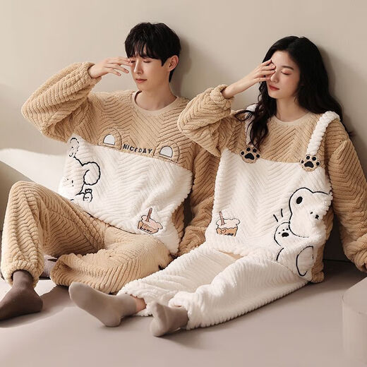 Victoria's style couple's pajamas winter coral velvet thickened and warm one man and one woman cartoon cute home wear outer suit LN9018 M women's + men's L