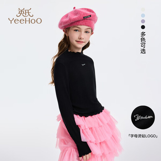 YEEHOO girls' bottoming shirt, children's long-sleeved top, medium and large children's clothing, wool blended warm turtleneck spring clothing, black 130