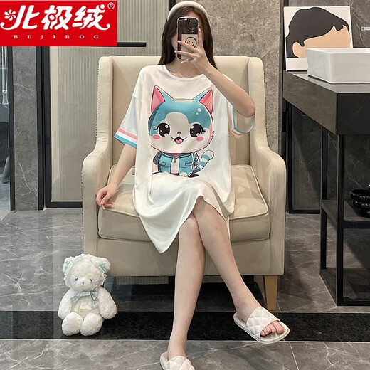 北极绒（Bejirog）冰丝睡衣女夏季睡裙卡通大码薄款短袖网红风休闲可外穿春季家居服 sa-679蓝猫 均码