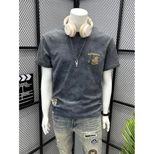 Summer new pure cotton men's casual versatile short-sleeved T-shirt American trendy brand printed light luxury slim top WZY Gray 2XL