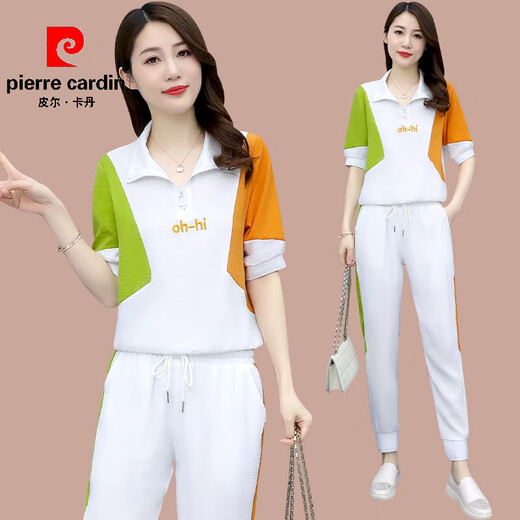 皮尔卡丹时尚套装女2025年夏天新款显瘦洋气质小个子夏季运动服休闲两件 (1389)白色 M (建议100斤以下)