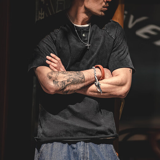 Madden Workwear American Distressed Henley Shirt Pure Cotton Breathable Casual Short Sleeve Ami Khaki Tough Guy T-shirt Men's Trendy Summer Green XL