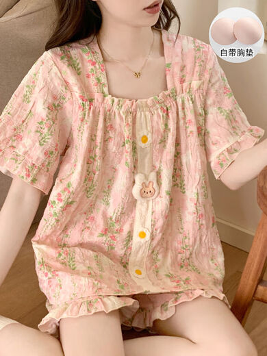 莫代尔带胸垫睡衣夏季新款女款碎花甜美薄款云朵纯棉短袖短裤家居服套装 449_9902-1#双短蓝条熊带胸垫 M