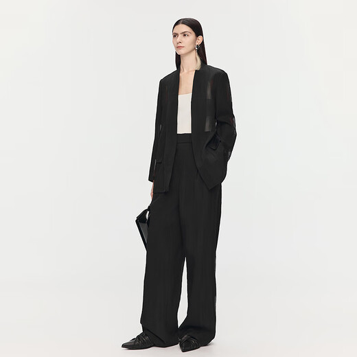 AUM Easy Suit 2025 Autumn New Women's Clothing Temperament Plaid Semi-transparent Texture Blazer Trousers Women Black Top S