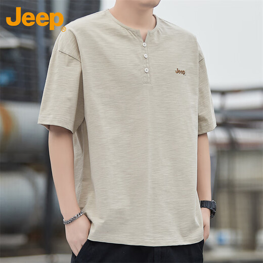 Jeep (JEEP) short-sleeved T-shirt men's summer loose breathable cool trendy cotton henley collar clothes men's Khaki XL