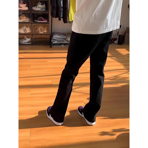 POUM黑色弯刀牛仔裤男秋季美式高街vibe男裤子潮牌冬季加绒直筒微喇裤 GYFS-G825黑色 L
