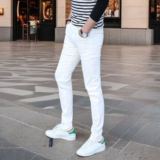 QLTQZQ spring white jeans men's Korean style slim elastic small feet trendy green versatile casual long trousers black and gray 1048 YN [high elasticity] 40 sizes - recommended (weight 200-210Jin [Jin equals 0.5 kg])