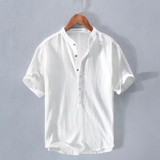 Kuraishi Kazuki trendy brand linen long-sleeved shirt men's American Henry shirt breathable high-end stand collar casual shirt white XL