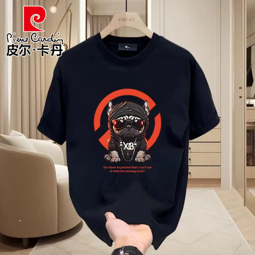 皮尔卡丹欧美潮牌夏季纯棉短袖t恤男2025新款体恤宽松大码情侣装男士半袖 V691黑色 S