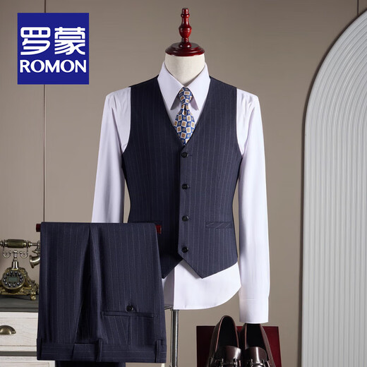 ROMON Double-breasted Striped Suit Men's British Style Business Slim Small Suit Groom Wedding Dress Jacket Men's Three-piece Suit - Black Suit + Trousers + Vest (Free White Shirt + Brooch) 2XL /54 Size 135-148Jin Jin is equal to 0.5kg Wear