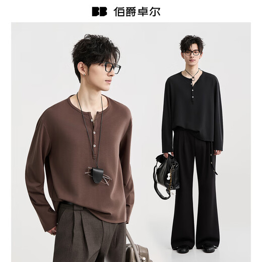 Earl Zall Henry Collar Long Sleeve T-Shirt Men's Simple Commuting Versatile T-shirt 2025 Autumn New T531373 Moon Night Black M (170)