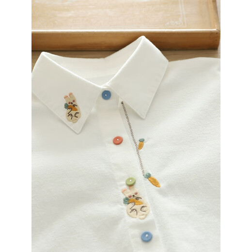 Oein Muhua Lane Women's Wear Literary Fresh Cartoon Embroidery Rabbit Carrot Colorful Buttons Front Shoulder Brushed White Shirt Women's Long White Pure Cotton Long Sleeve 175 L 120-130Jin Jin is equal to 0.5 kg