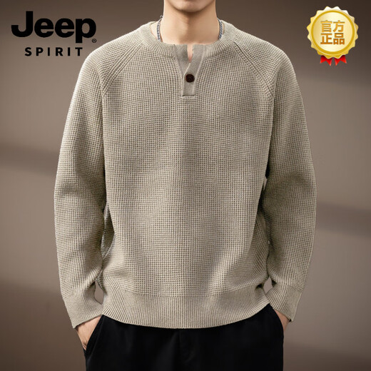 JEEP SPIRIT high-end American retro Henry collar men's sweater autumn new fashion brand loose lazy style casual wool oatmeal gray 2XL