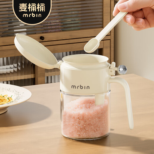 Mr. Bin seasoning box home kitchen storage 2025 new glass sealed salt shaker with spoon moisture-proof seasoning salt shaker cream white丨Including spoon/spoon compartment-free label