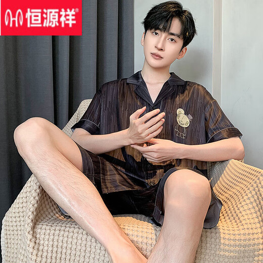 Hengyuanxiang pyjama pour hommes été pantalon à manches courtes en soie glacée couleur unie noir été mince garçons cool décontracté ensemble de vêtements de maison 12532 style crêpe de coton nuage L Hauteur recommandée environ 170 et poids 100-130