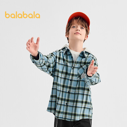 Balabala shopping mall same style boys' shirt children's long-sleeved autumn velvet cotton plaid jacket blue tone 00388 160