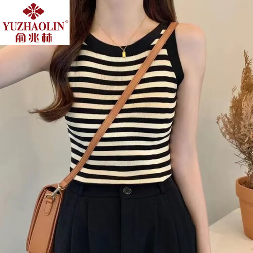 俞兆林条纹吊带背心女外穿春夏季气质内搭打底百搭显瘦无袖上衣 杏领 XL 码【115-130斤】