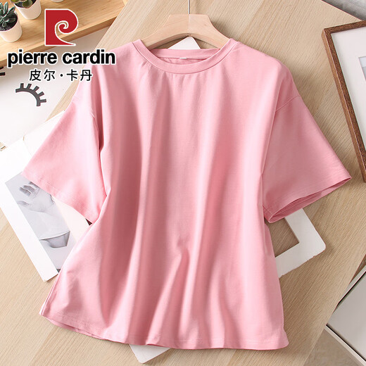 皮尔卡丹日系复古短袖t恤女夏街头纯棉简约纯色小众设计感上衣圆领体恤衫 2024深粉色 6296#2025 均码