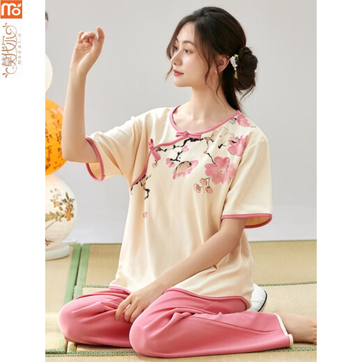 Pajamas modales para mujeres en verano 2025 Nuevo traje de manga corta Imitación delgada pantalones de algodón Se puede usar un nuevo estilo chino fuera del hogar Lzy9904 m (recomendado 75-95Jin [Jin es igual a 0.5 kg])