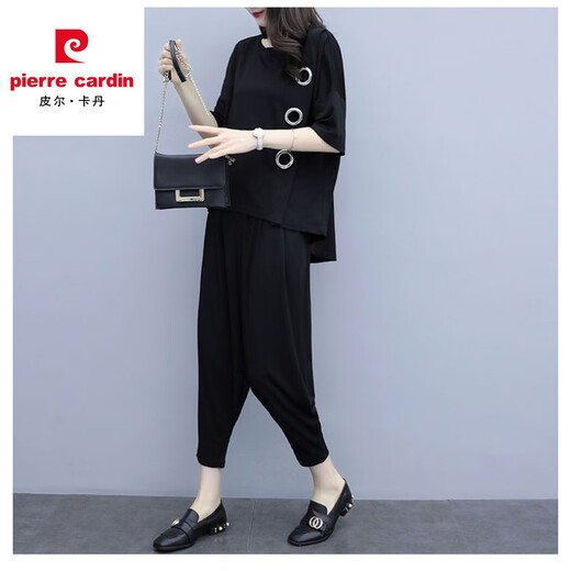 皮尔卡丹大码女装胖mm哈伦裤套装2025春夏新款洋气显瘦遮肚运动休闲两件套 黑色《9928》 M 《建议80-100》