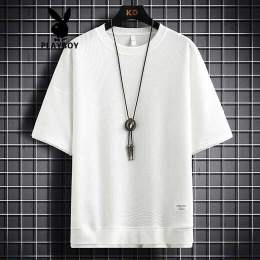 Playboy (Playboy) T-shirt masculin à manches courtes Summer Nouvelle mode Fake Two-pièces Round Neck Loose Half Mancheve T-shirt Waffle Casual Top 3880 Gray L