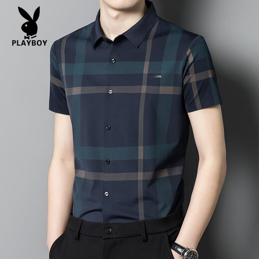 
Playboy (PLAYBOY) high-end middle-aged men's short-sleeved shirt thin markless ice silk summer plaid lapel daddy top SHQE9761 blue one size 165M