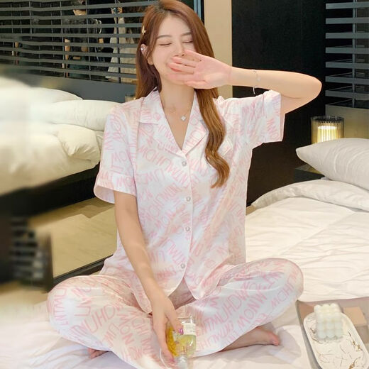 雅鹿网红风夏季睡衣女冰丝牡丹花短袖长裤仿真丝薄款家居服可外穿套装 绿色 9124牡丹花  短袖长裤 M