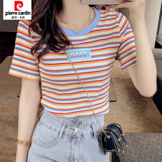 初径彩色条纹短袖t恤女夏装新款韩版修身百搭体恤印花短款上衣 9901#橘色条纹 S 建议70-89斤