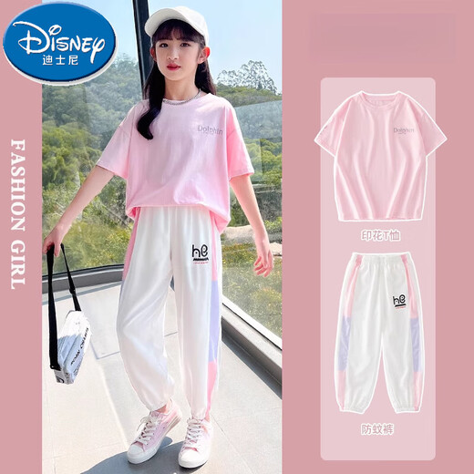 迪士尼（Disney）女童运动套装2025新款洋气时髦短袖儿童休闲夏季大童夏装女孩衣服 18209渐变9889白色 160 cm