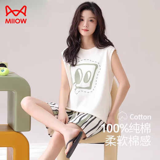 猫人（MiiOW）背心睡衣女士夏季纯棉薄款休闲卡通无袖可外穿家居服套装 A-826女 M