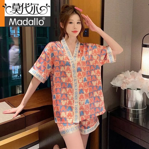 Pajamas modal Summer Summer seda delgado y transpirable pantalones pantalones pantalones cortos fríos altosa de gran tamaño de gran tamaño 826# Mickey a cuadros a cuadros de doble pecho Mickey M [80-105]