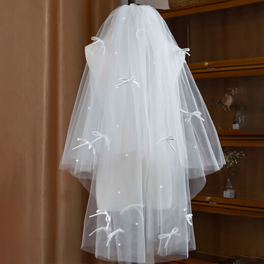 Fan Sheng Yu's veil, white wedding certificate, wedding registration, proposal, fluffy veil, small bow, pearl headdress, photo shoot, forest style princess veil, bow pearl veil - 80cm