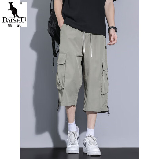 袋鼠（DAISHU）卡其色工装七分裤男夏季冰丝薄款宽松百搭短裤休闲运动过膝八分裤 FJA430-679卡其 XL