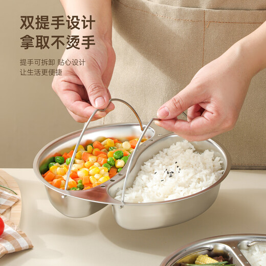 Made of 304 stainless steel high-temperature resistant steaming plate, compartmented steaming bowl, water-proof steamer, household steaming dish, rice cooker, steaming rack, dinner plate, small three-compartment, double handle design