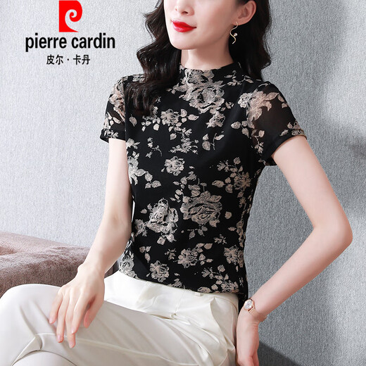 Pierre cardin thin ice silk floral T-shirt for women in summer half-high neck short-sleeved new mesh shirt elastic slim base top 9738 picture color [short-sleeved style] M