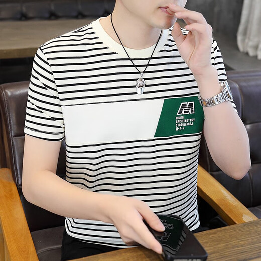SEPTWOLVES broken code 2025 summer striped short-sleeved shirt men's new trendy slim ice silk cotton half-sleeved men's summer top 9898 white XL