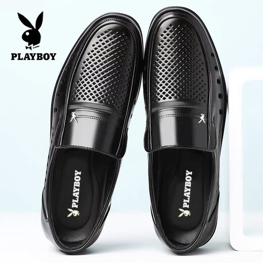花花公子（PLAYBOY）花花公子凉鞋男2025夏季新款中年镂空休闲增高皮鞋真皮软底爸爸鞋 黑色四季款9922 尖头 37