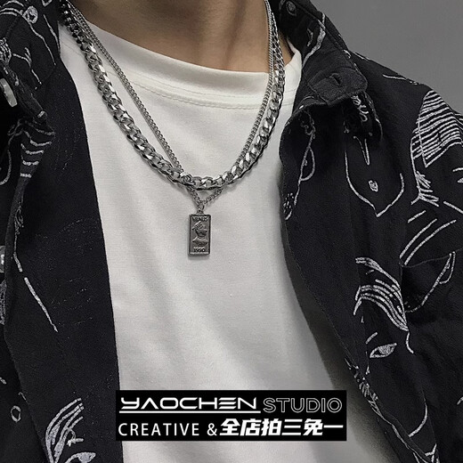 Yechi double-layered Cuban chain men's titanium steel square brand pendant trendy niche design hip-hop necklace sweatshirt chain accessories square brand avatar necklace-50cm