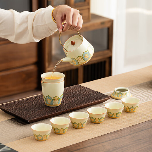 Bo Na Ling Tea Set Complete High-end Kung Fu Tea Set Portable Business Gift Practical Heartfelt Birthday Gift for Father and Elders Ru Kiln Ancient Charm 10-piece Set Chinese Dragon Gift Box