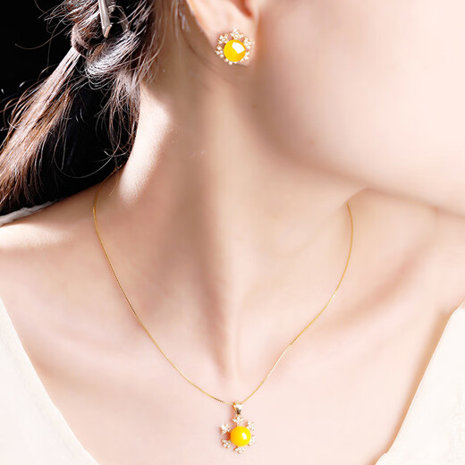 Shi Yue Jewelry Natural Amber Beeswax Earrings Earrings Single Bead S925 Silver Inlaid Accessories Women's Gift
